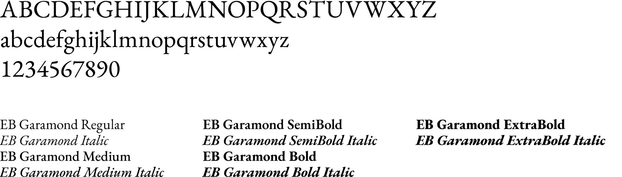 The English alphabet in the EB Garamond font, as well as its various font weights and widths